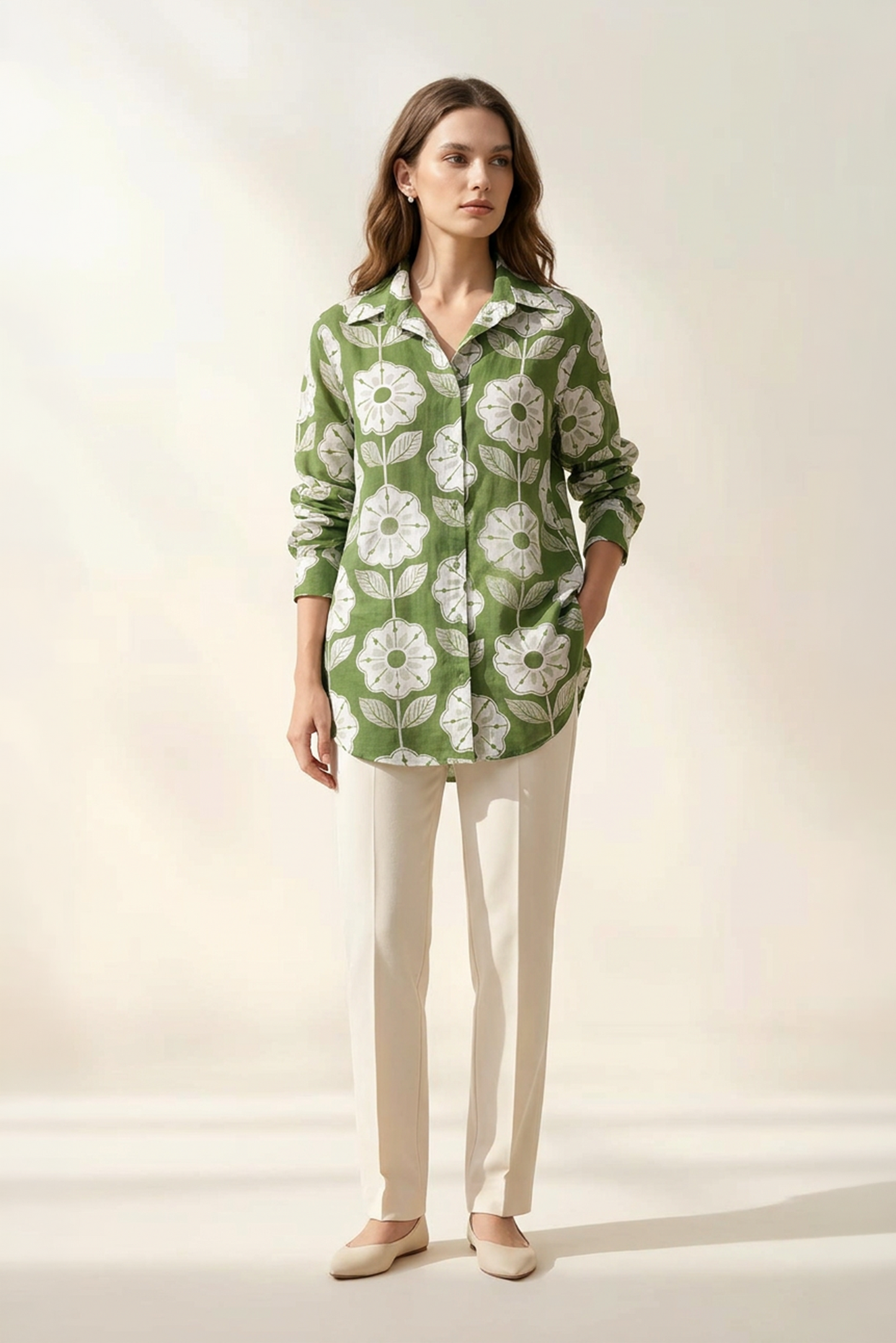Olive Floral Print Cotton Mul Shirt