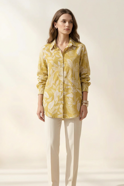 Ochre Tropical Print Cotton Mul Shirt