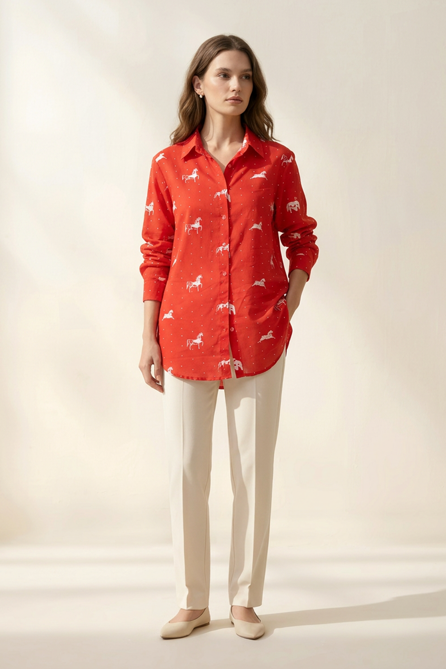 Poppy Red Horse Print Cotton Mul Shirt