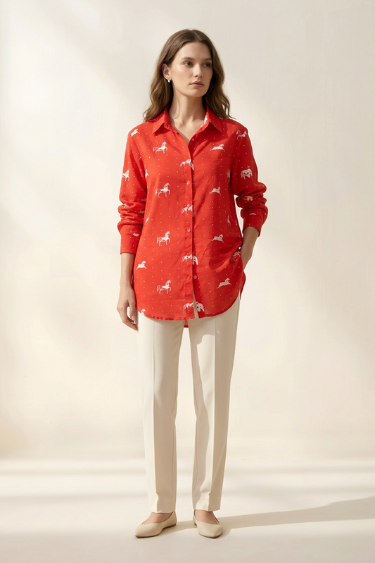Poppy Red Horse Print Cotton Mul Shirt