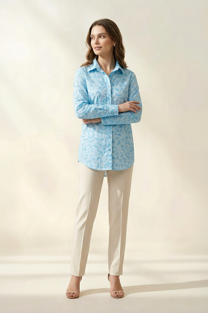 Ice Blue Floral Flight Cotton Mul Printed Shirt