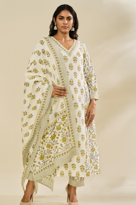 Woman wearing a white floral traditional outfit with a beige background