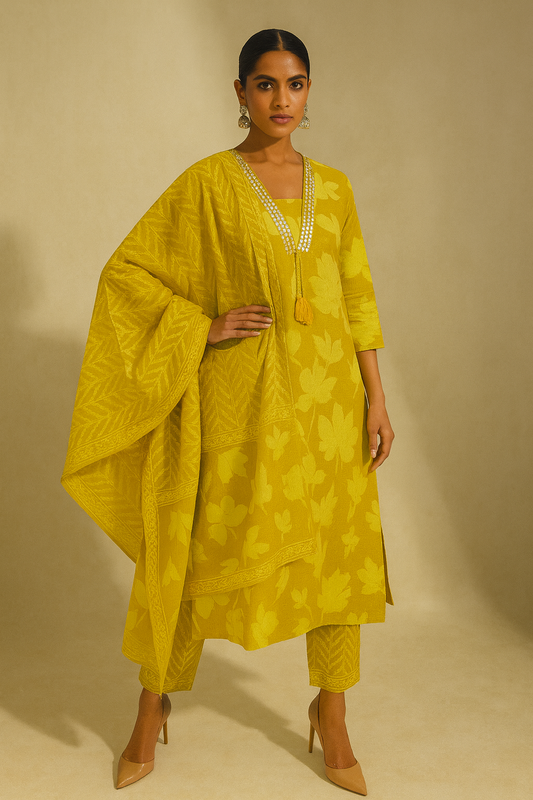 Woman wearing a yellow traditional outfit with a beige background
