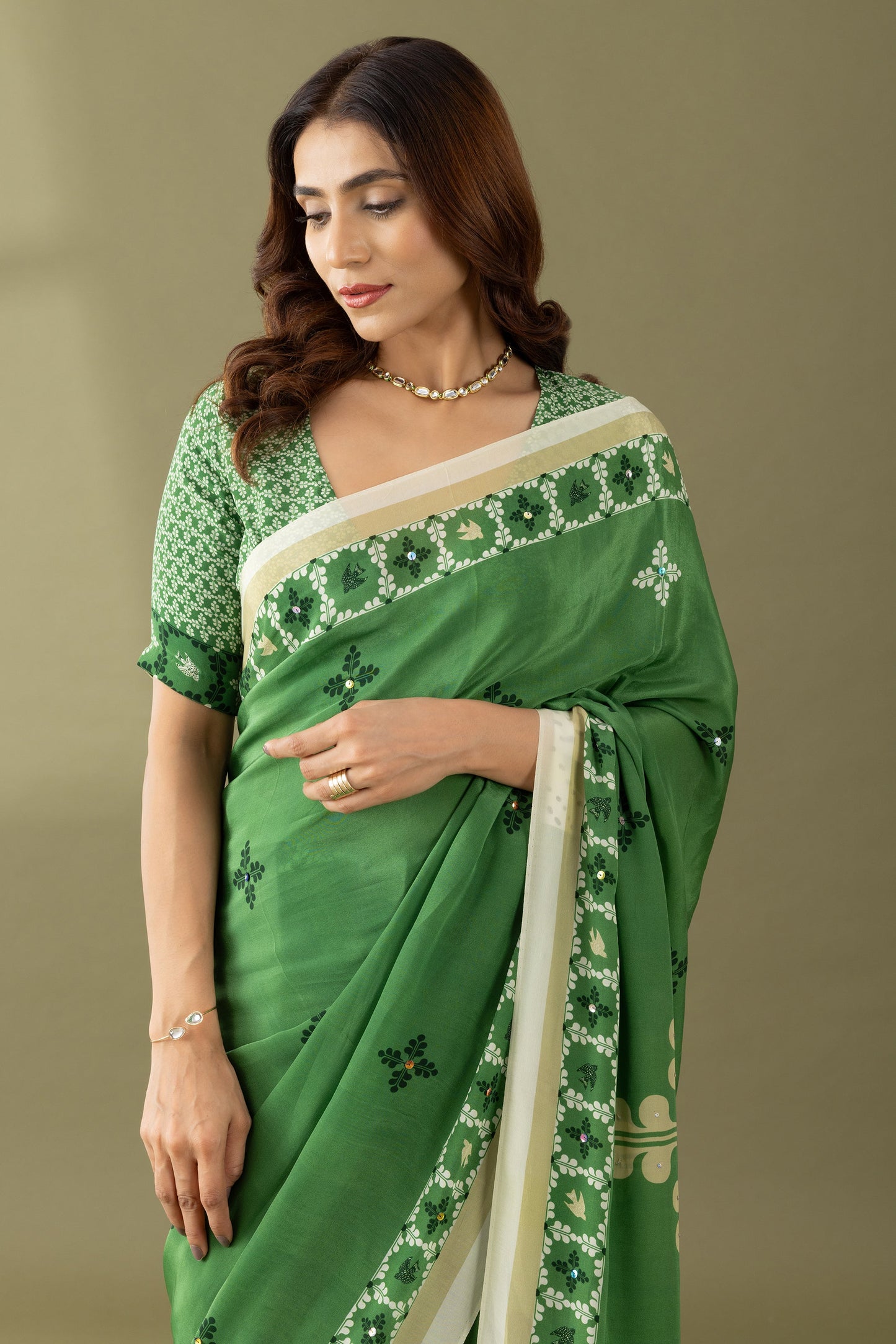 Basil Green Printed & Embroidered Crepe Designer Saree