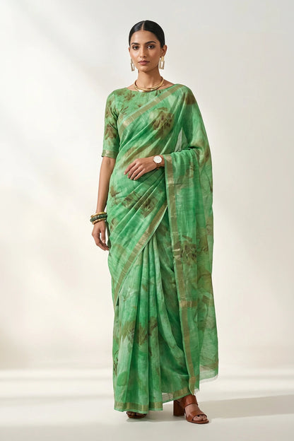 Parrot Green Abstract Botanical Printed  Linen Saree