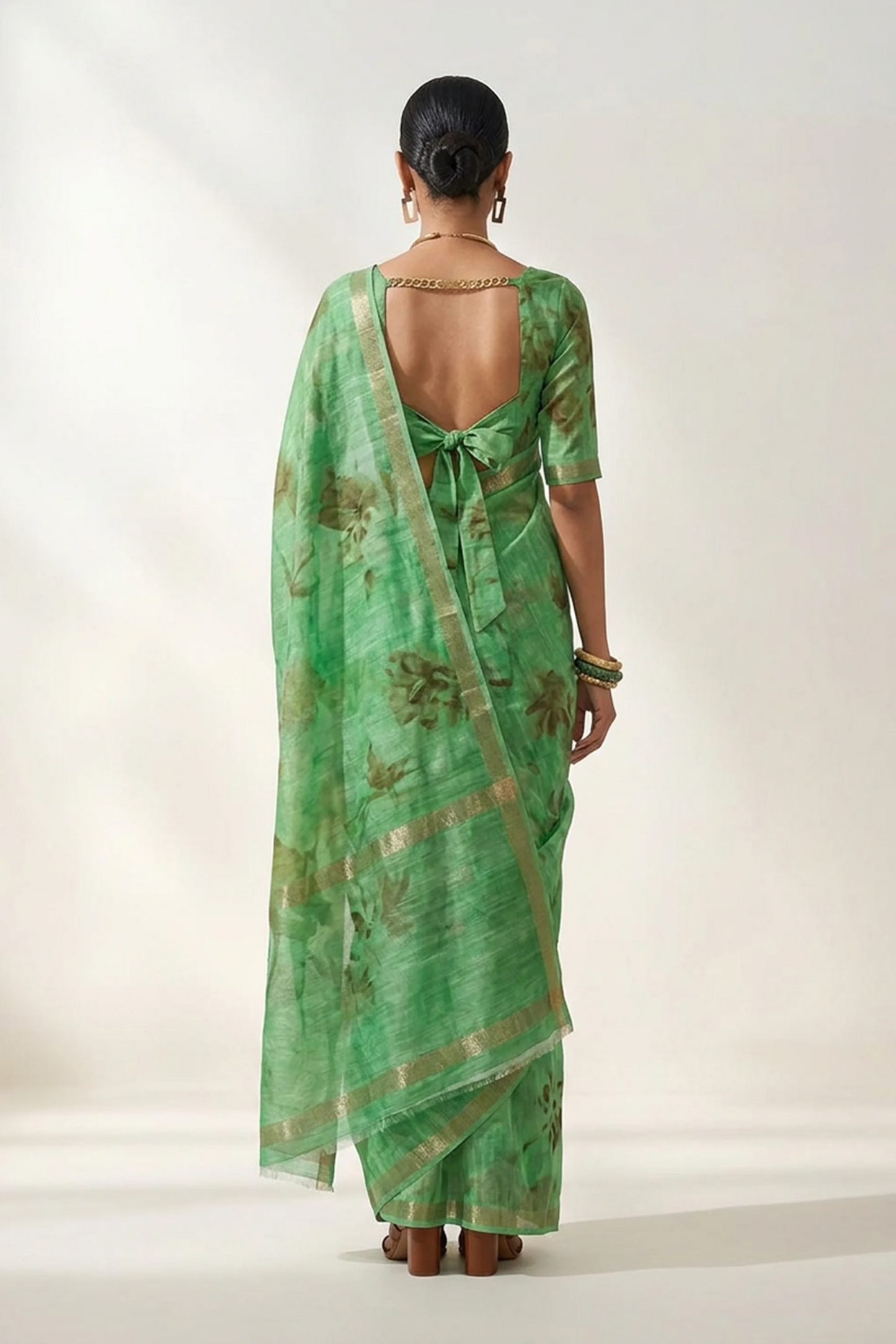 Parrot Green Abstract Botanical Printed  Linen Saree