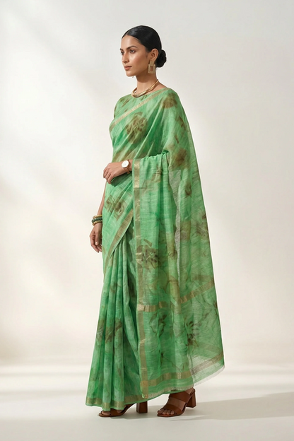 Parrot Green Abstract Botanical Printed  Linen Saree