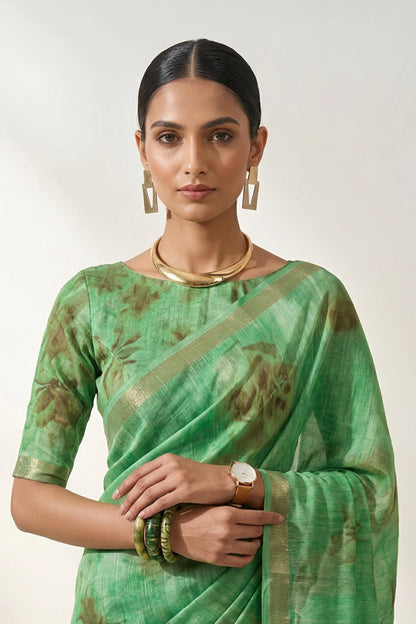 Parrot Green Abstract Botanical Printed  Linen Saree