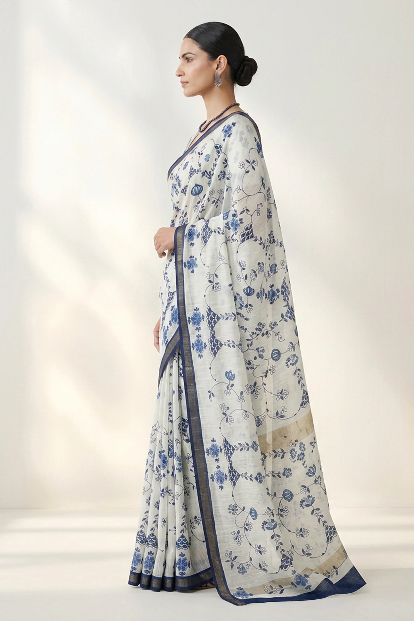 Indigo Blue Vine Printed  Linen Saree