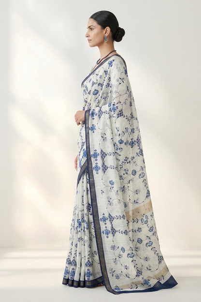 Indigo Blue Vine Printed  Linen Saree