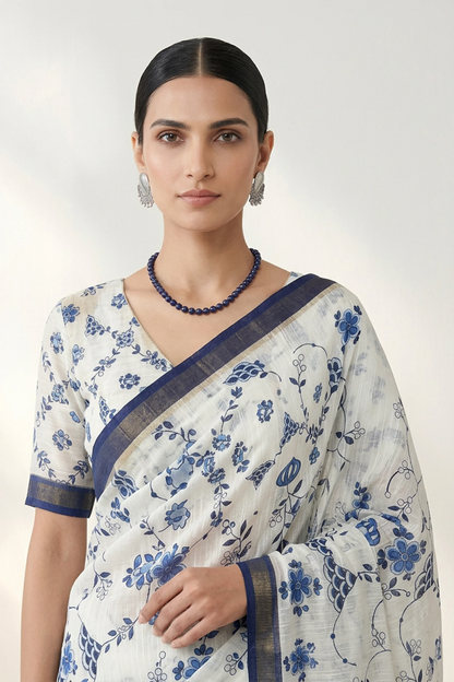 Indigo Blue Vine Printed  Linen Saree