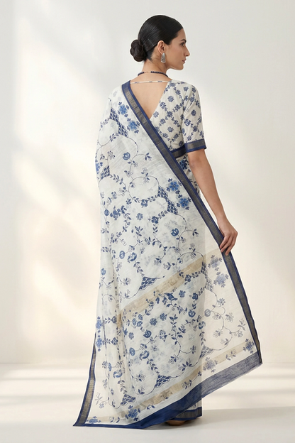Indigo Blue Vine Printed  Linen Saree