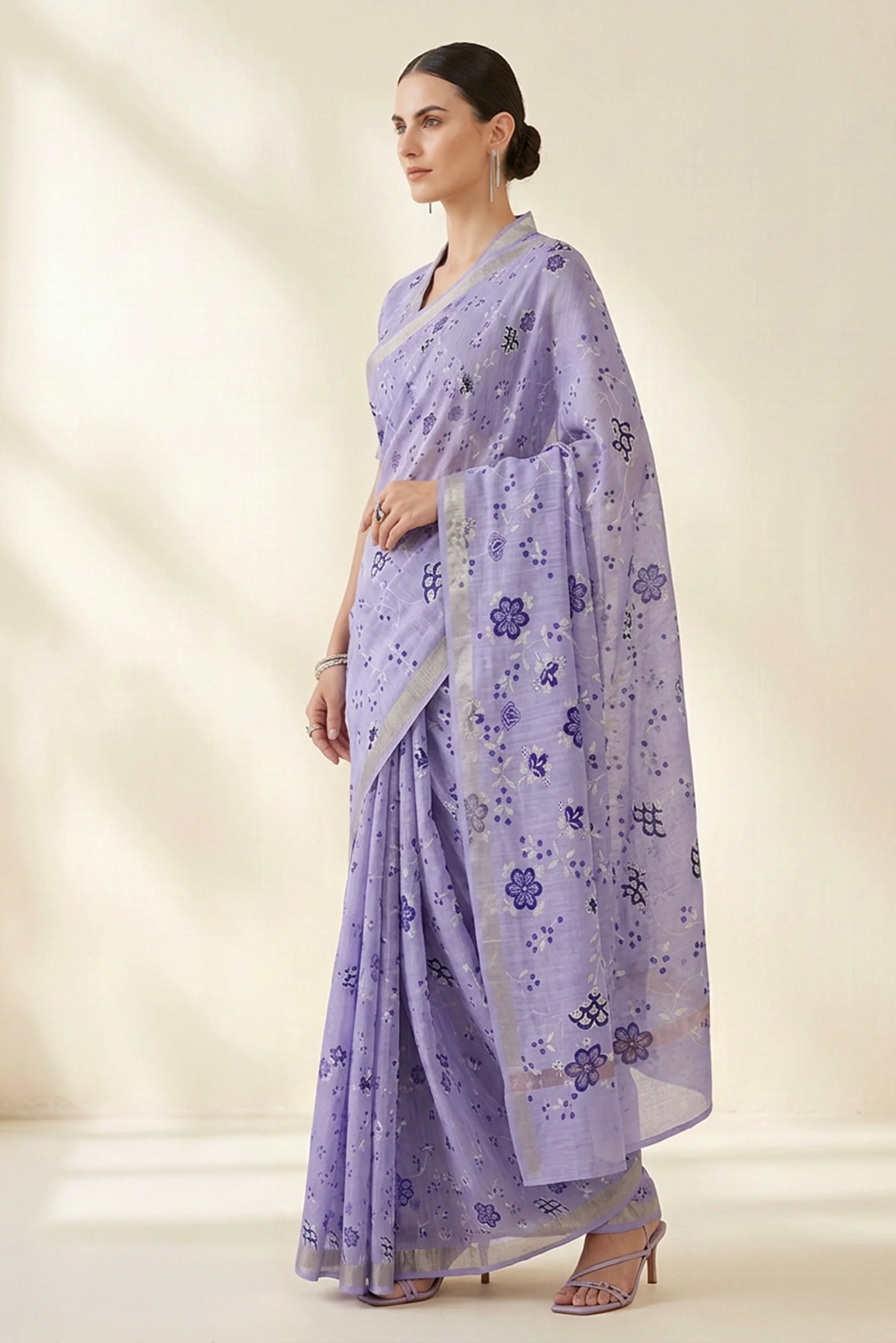 Lavender Botanical Printed  Linen Saree