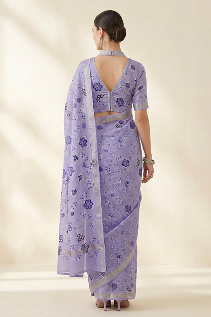 Lavender Botanical Printed  Linen Saree