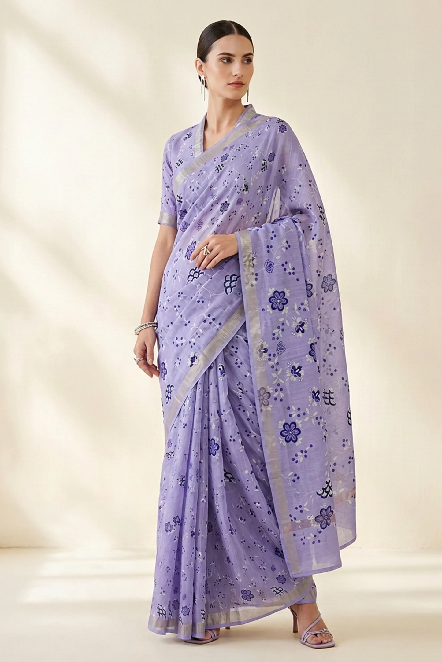Lavender Botanical Printed  Linen Saree