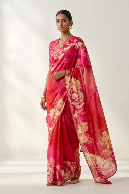 Fuchsia Pink Floral Printed  Linen Saree