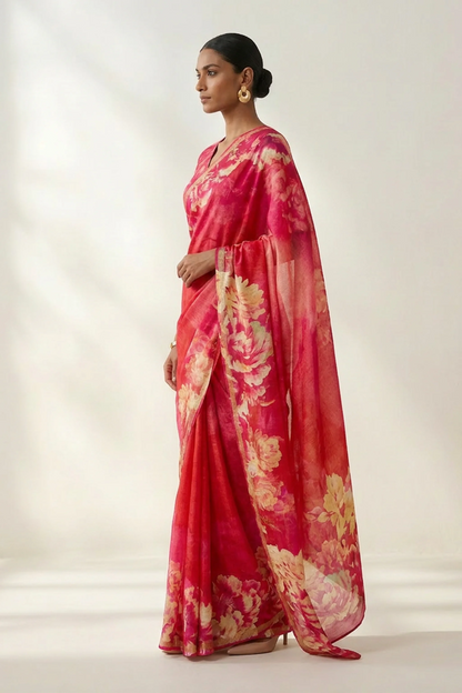 Fuchsia Pink Floral Printed  Linen Saree