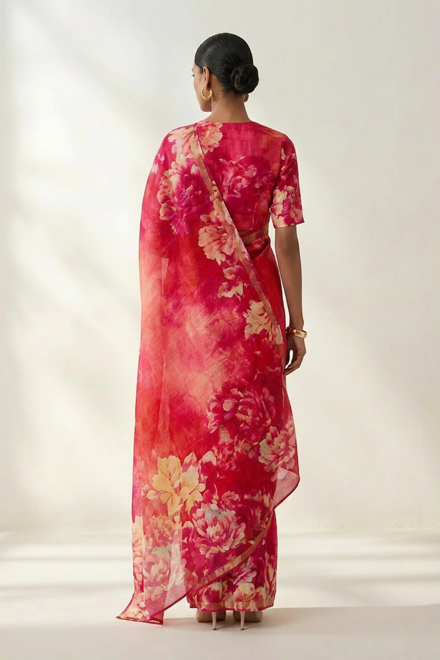 Fuchsia Pink Floral Printed  Linen Saree