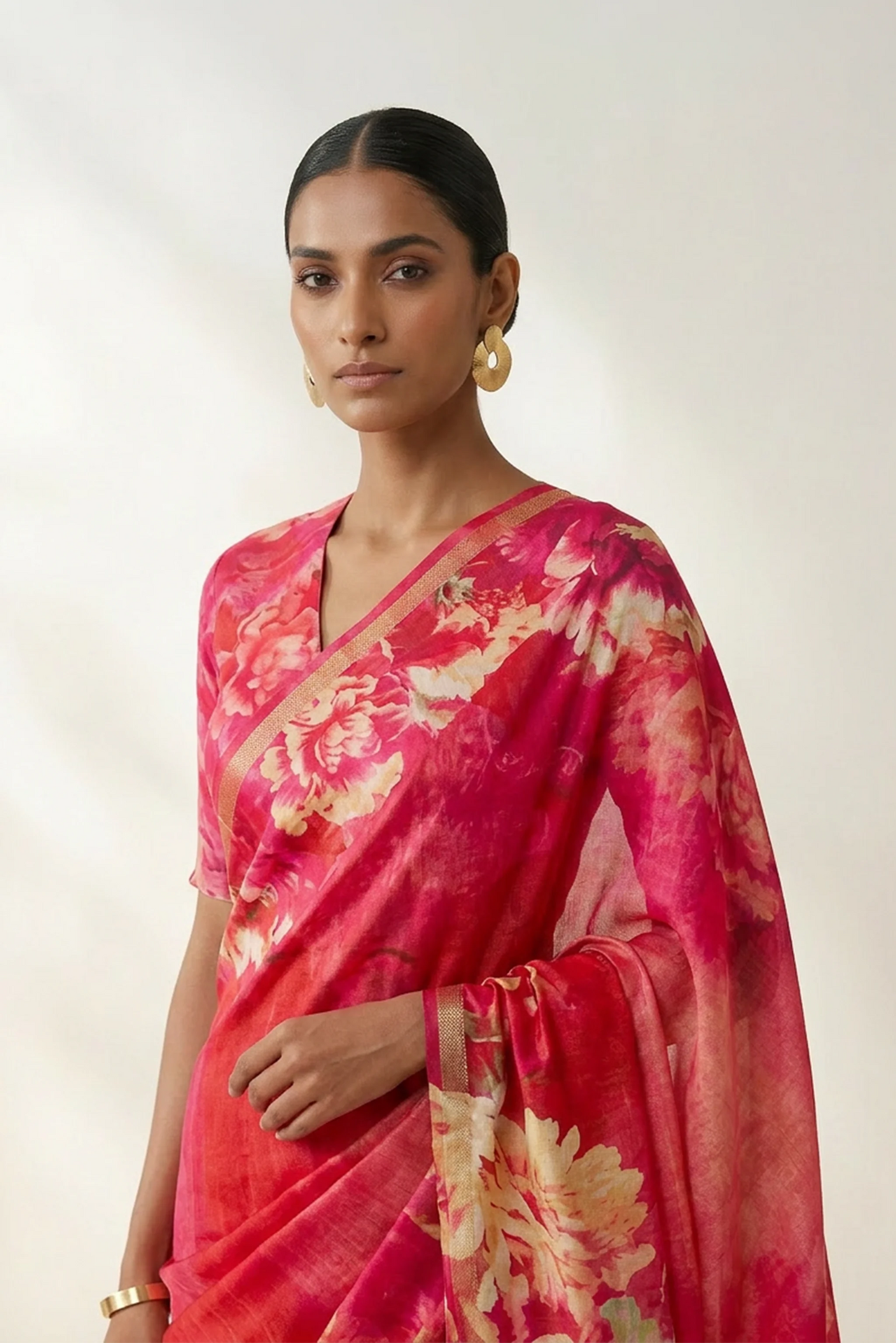 Fuchsia Pink Floral Printed  Linen Saree