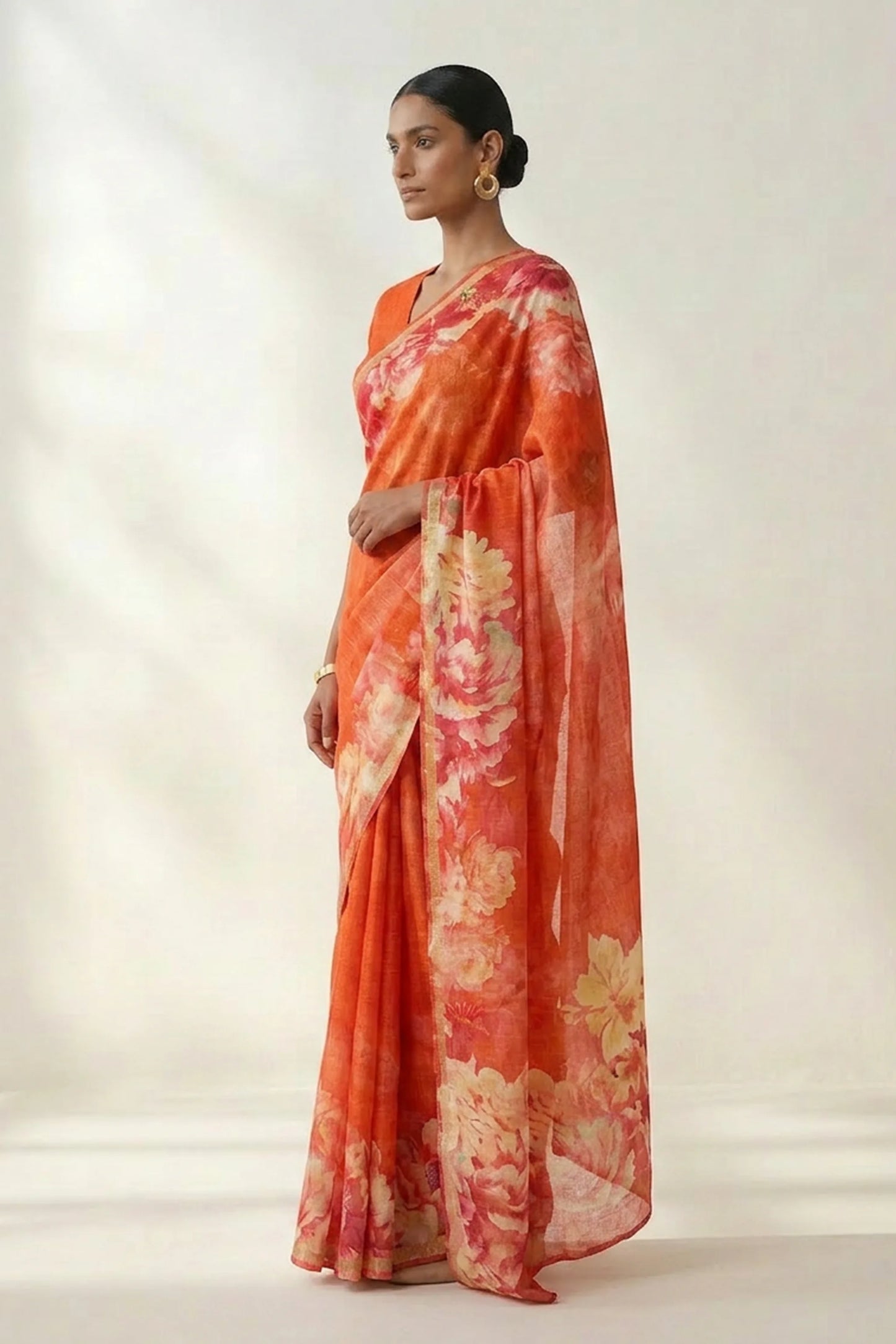 Orange Floral Printed Linen Saree