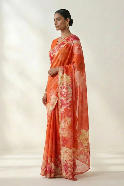 Orange Floral Printed Linen Saree