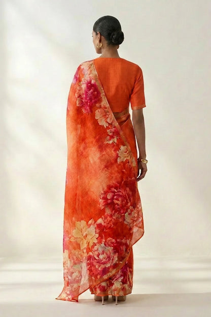 Orange Floral Printed Linen Saree