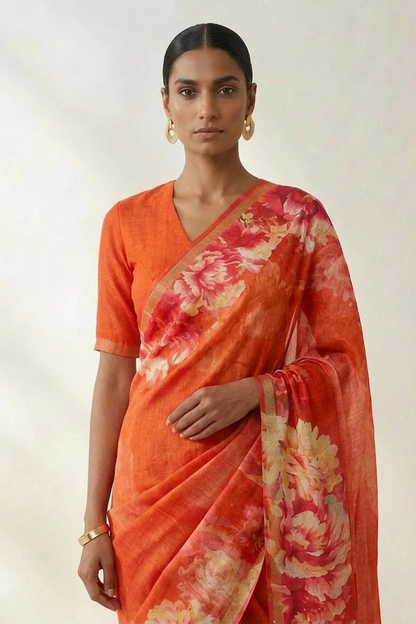 Orange Floral Printed Linen Saree