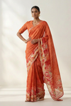 Orange Floral Printed Linen Saree