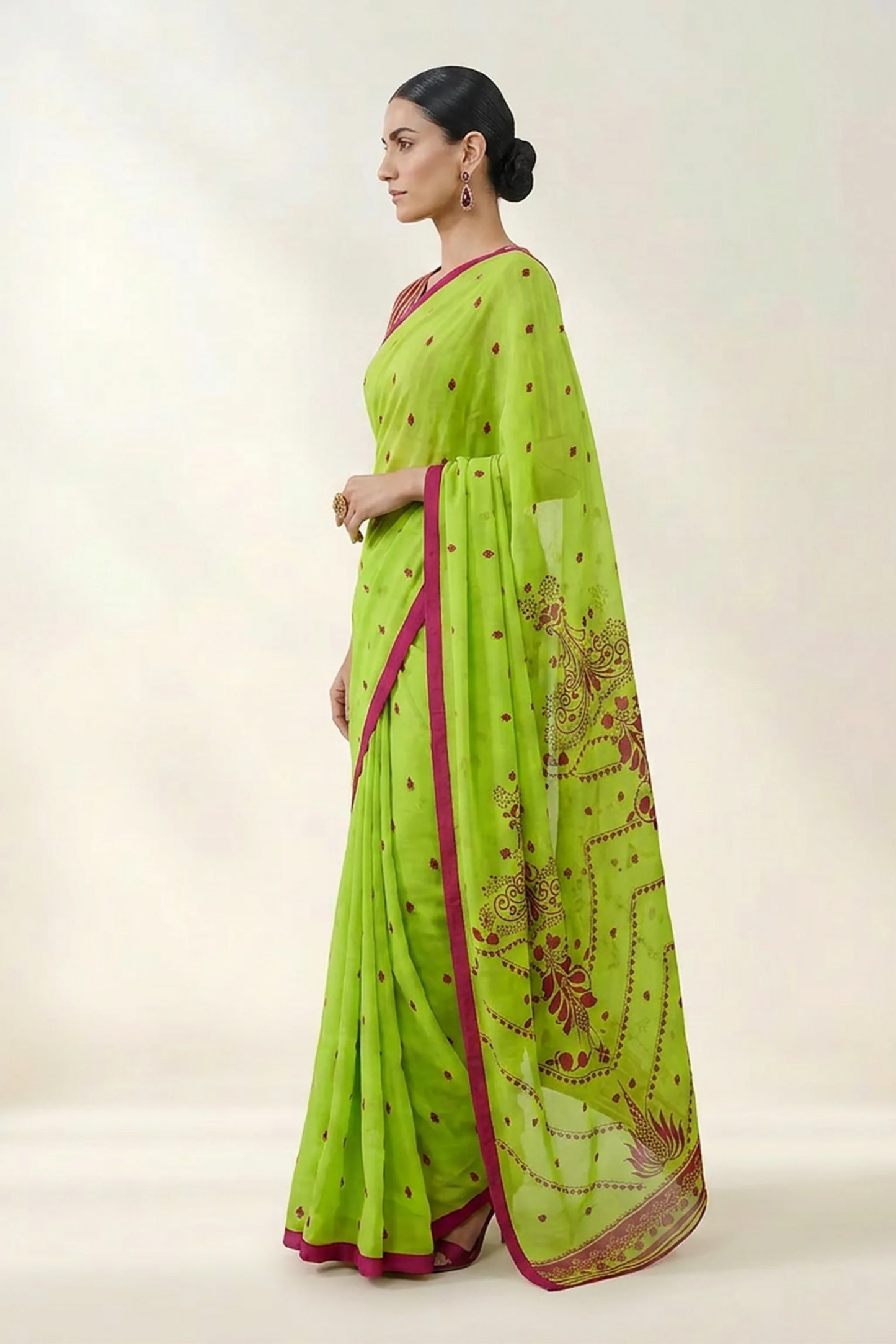 Neon Green Floral Printed OrganzaSaree