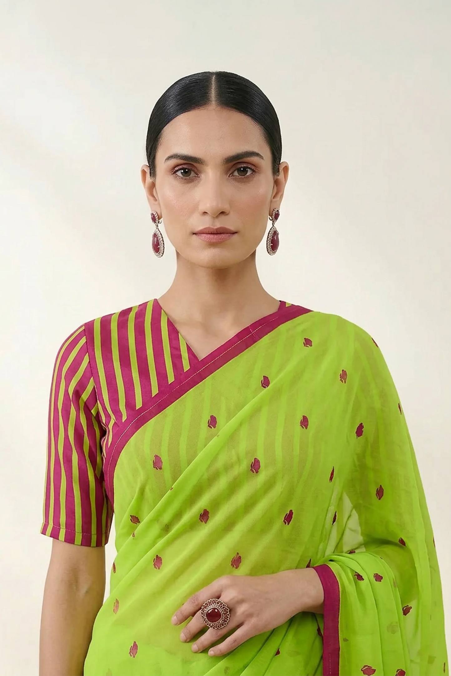 Neon Green Floral Printed OrganzaSaree