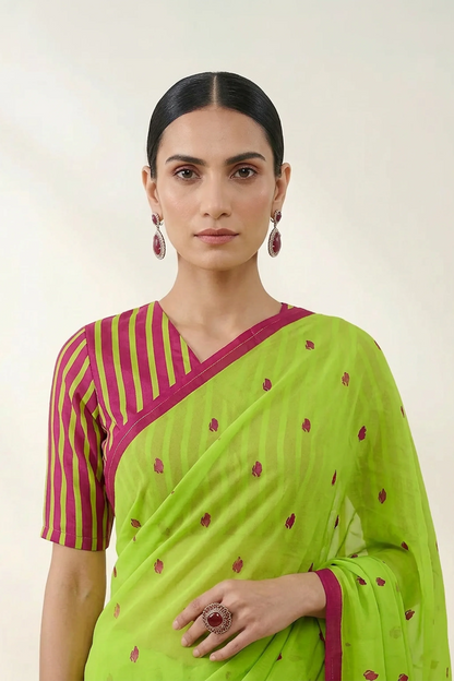 Neon Green Floral Printed OrganzaSaree