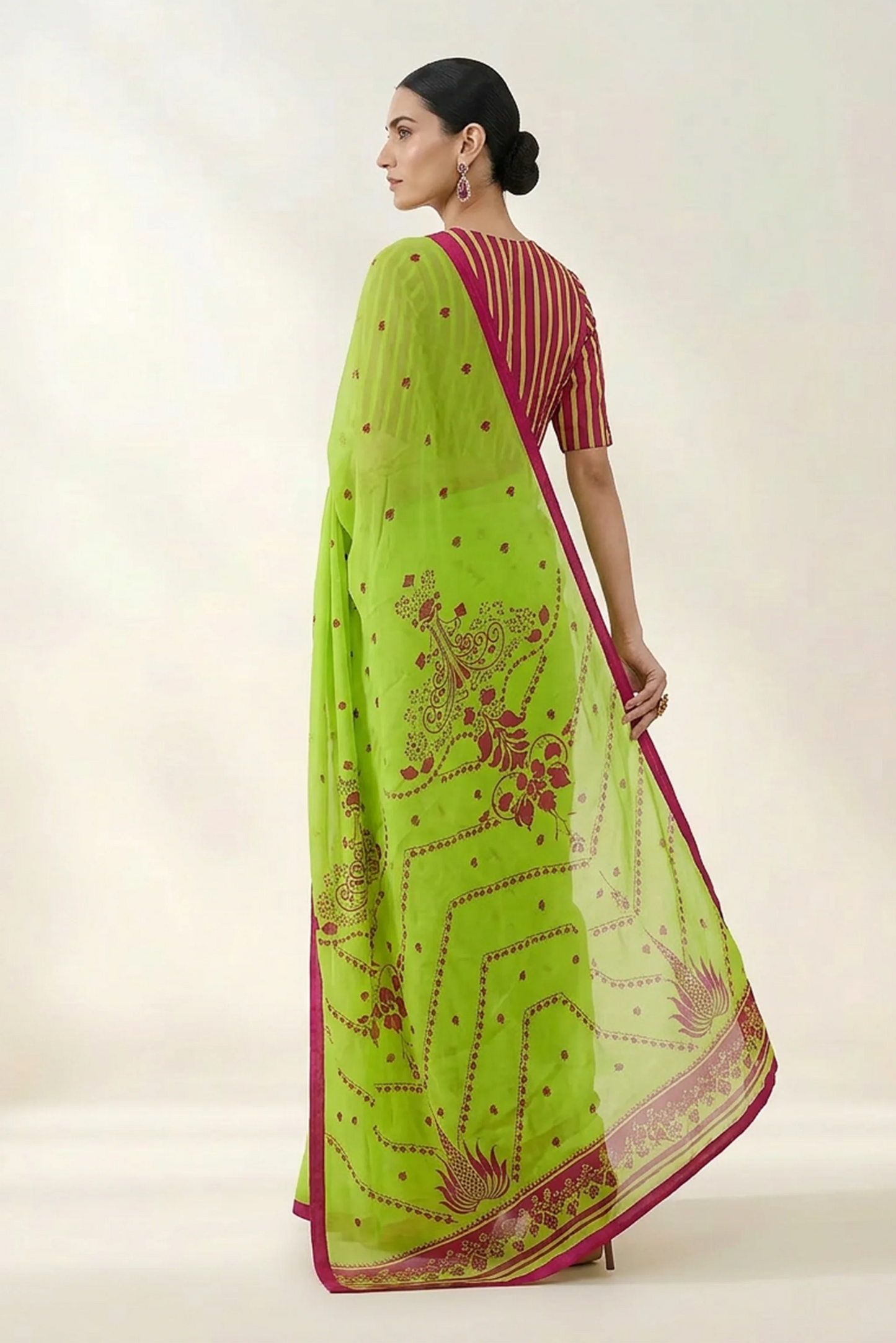 Neon Green Floral Printed OrganzaSaree