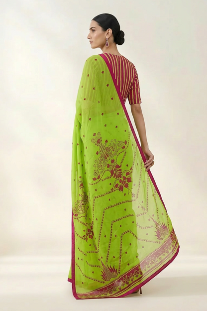 Neon Green Floral Printed OrganzaSaree