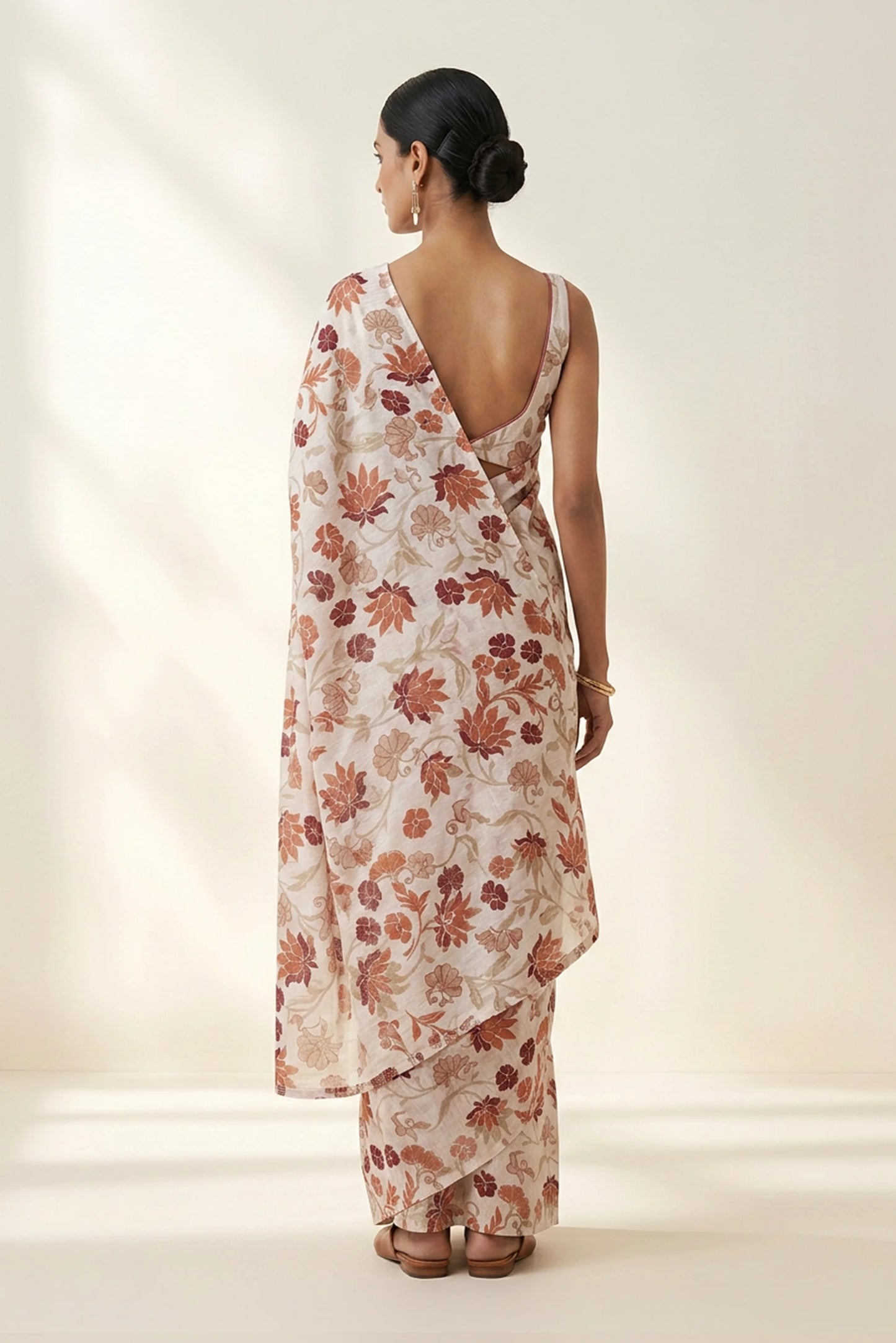 Ivory Floral Printed  Linen Saree