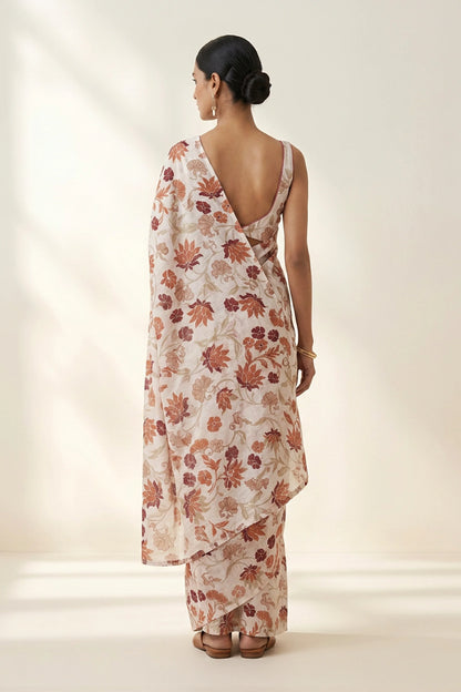 Ivory Floral Printed  Linen Saree