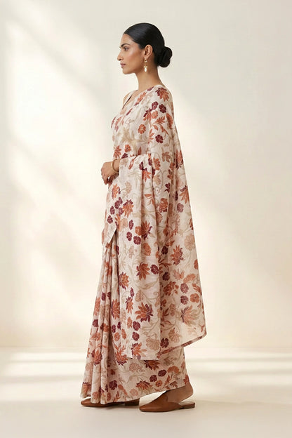 Ivory Floral Printed  Linen Saree
