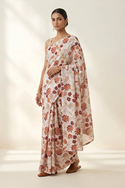Ivory Floral Printed  Linen Saree