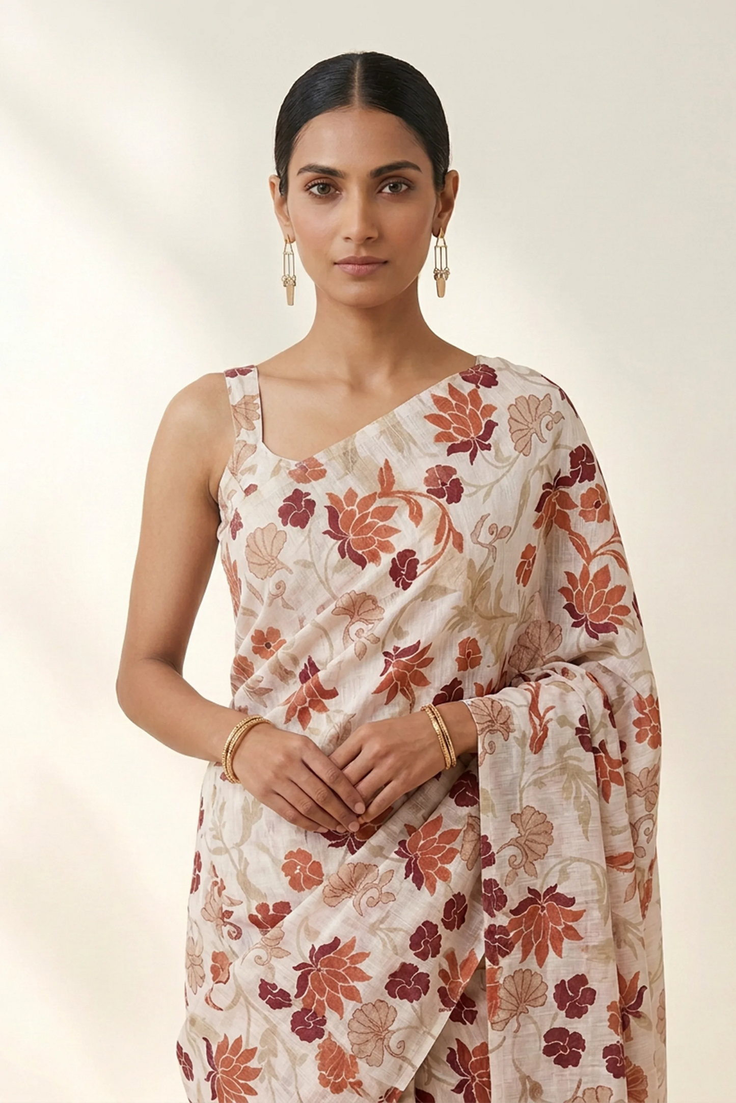 Ivory Floral Printed  Linen Saree