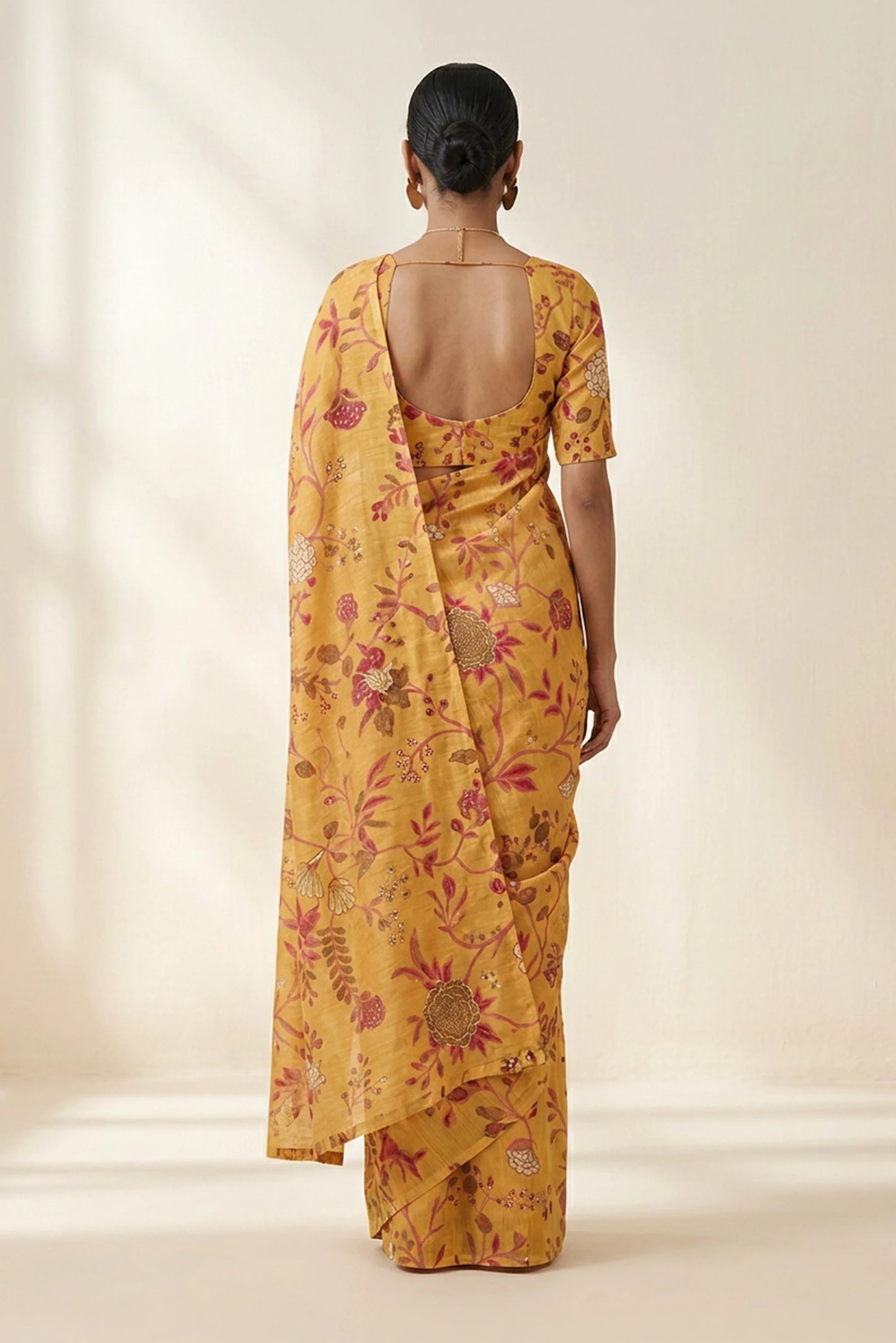 Mustard Botanical Printed  Linen Saree