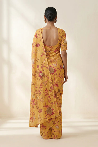 Mustard Botanical Printed  Linen Saree