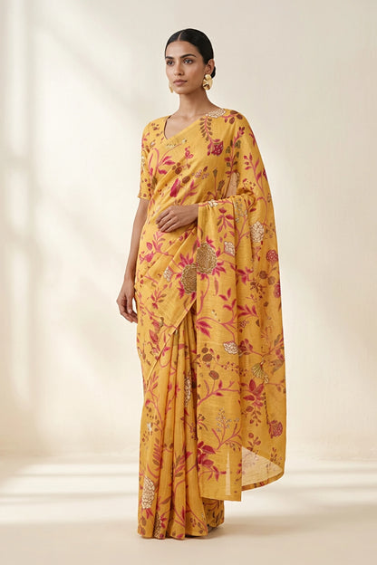 Mustard Botanical Printed  Linen Saree