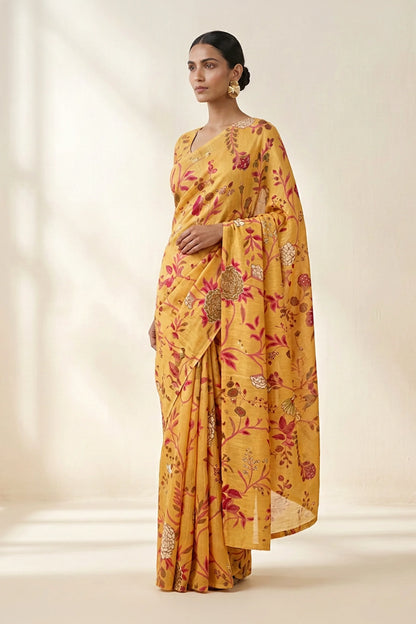 Mustard Botanical Printed  Linen Saree