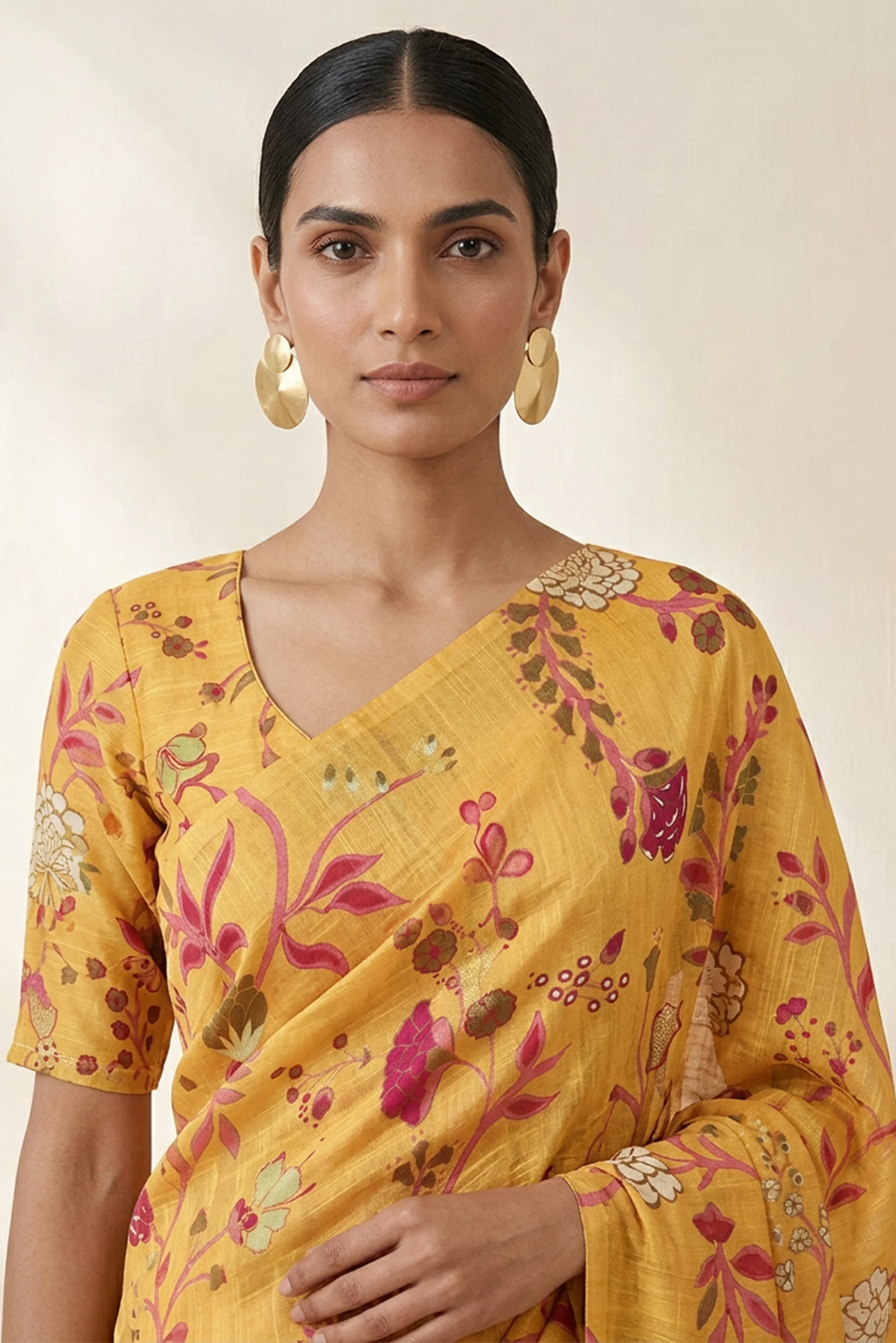 Mustard Botanical Printed  Linen Saree