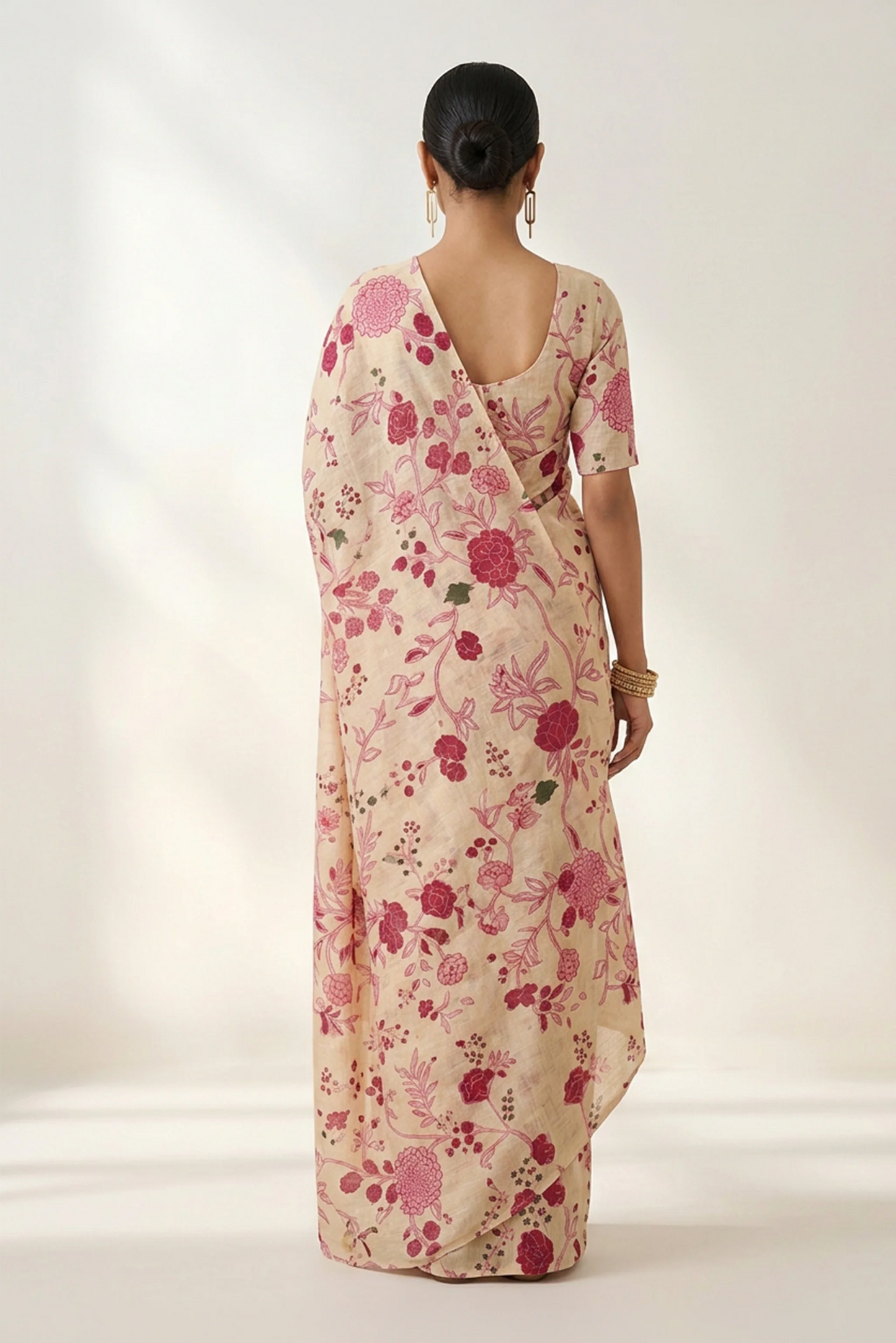Cream Floral Printed  Linen Saree