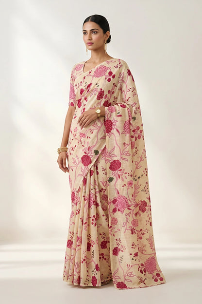 Cream Floral Printed  Linen Saree