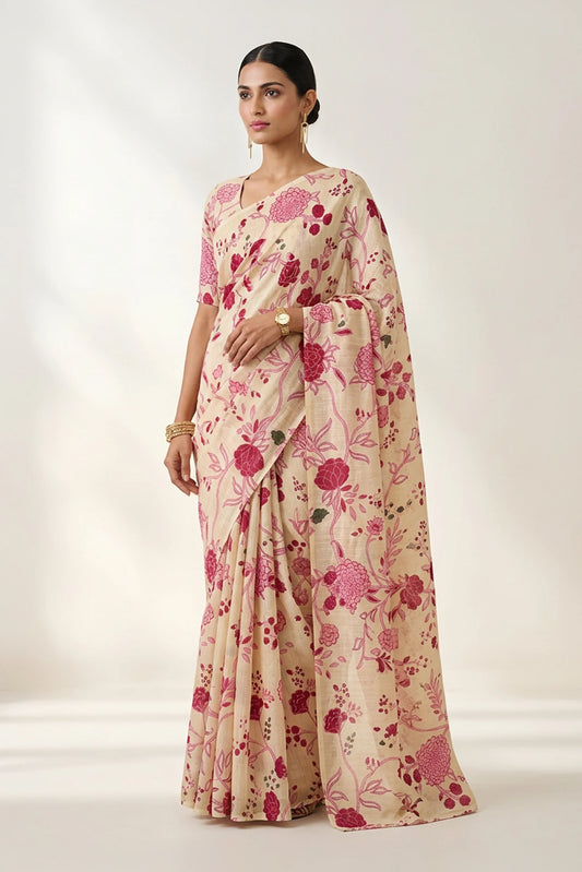 Cream Floral Printed  Linen Saree