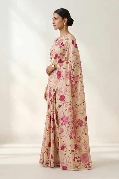 Cream Floral Printed  Linen Saree