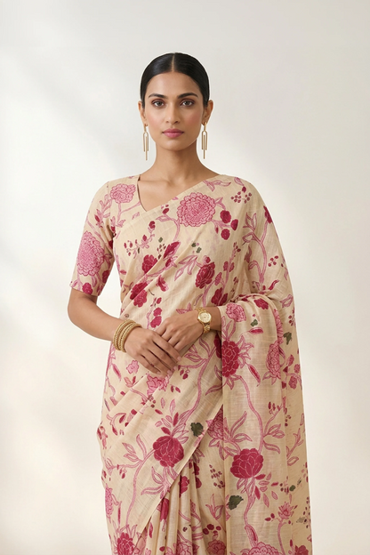 Cream Floral Printed  Linen Saree