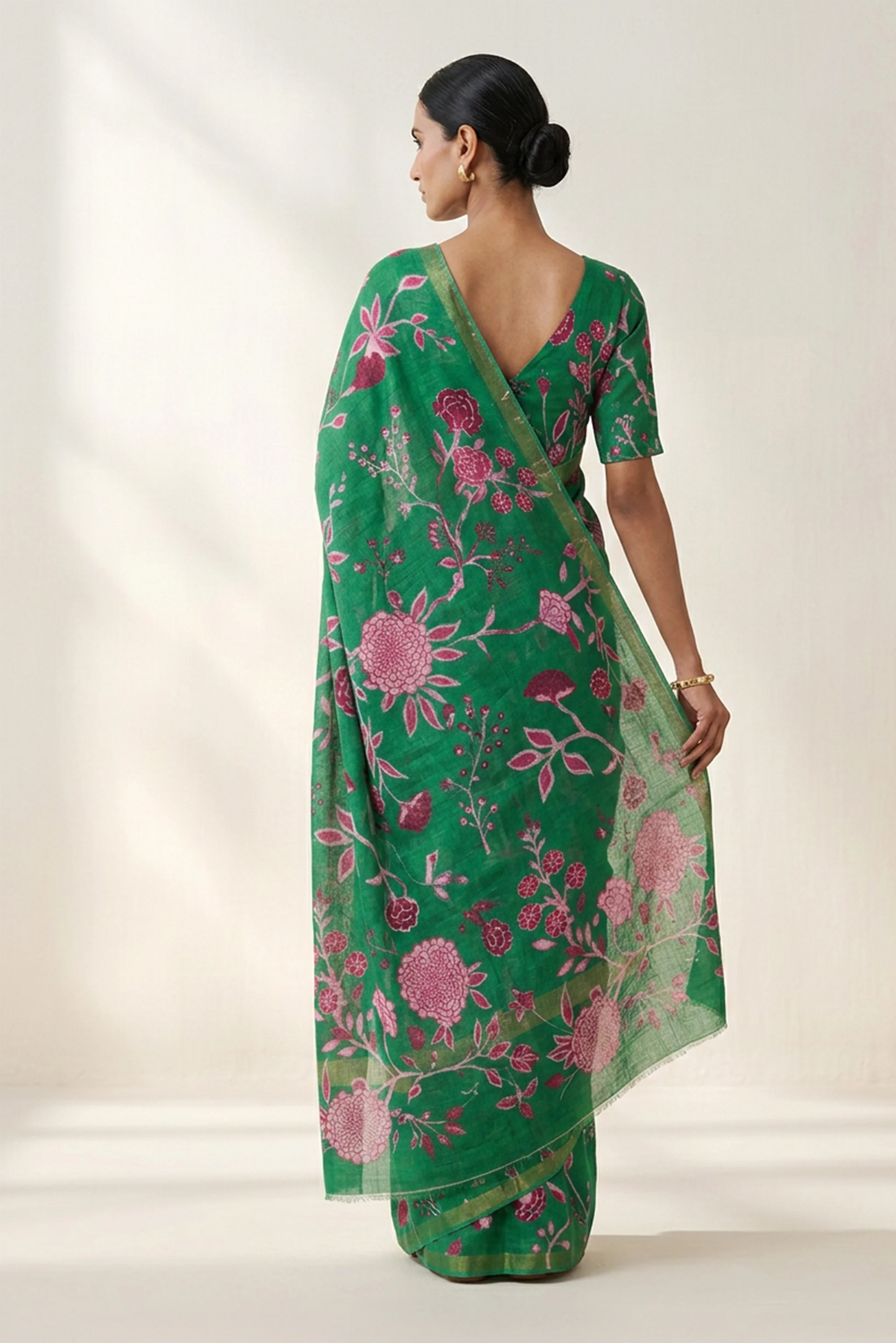 Emerald Green Floral Printed  Linen Saree
