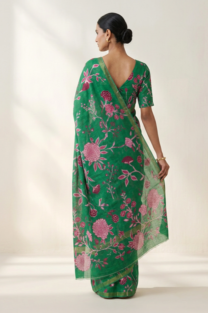 Emerald Green Floral Printed  Linen Saree